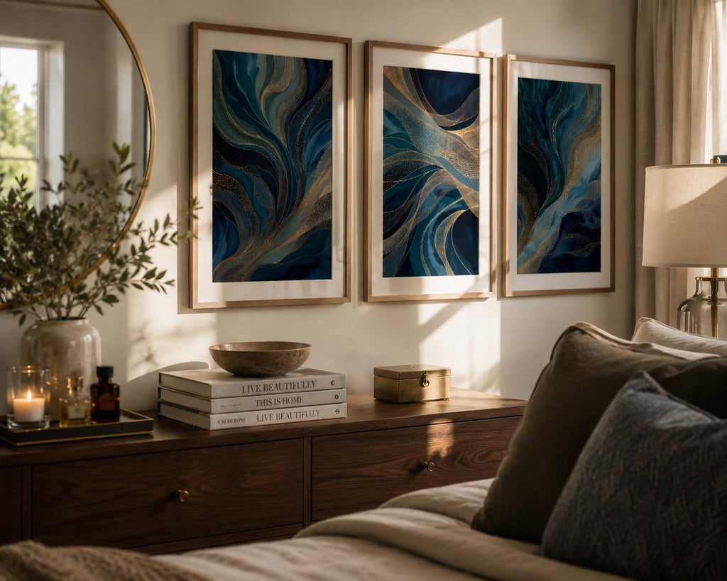 Close-up view of the Blue Gold Modern Abstract Triptych Printable Wall Art Set of 3 displayed above a walnut dresser in a bright contemporary bedroom. Blue and gold abstract three-panel gallery wall prints in natural oak frames with elegant white matting pair beautifully with designer décor, candles, books, soft bedding, and warm afternoon sunlight for a luxury interior aesthetic.