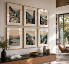 Italian Mediterranean Coastal printable wall art gallery featuring six framed artwork prints in a modern Bauhaus-inspired American home with minimalist interior design, luxury wall decor, contemporary canvas art, Scandinavian furniture and architectural natural lighting.
