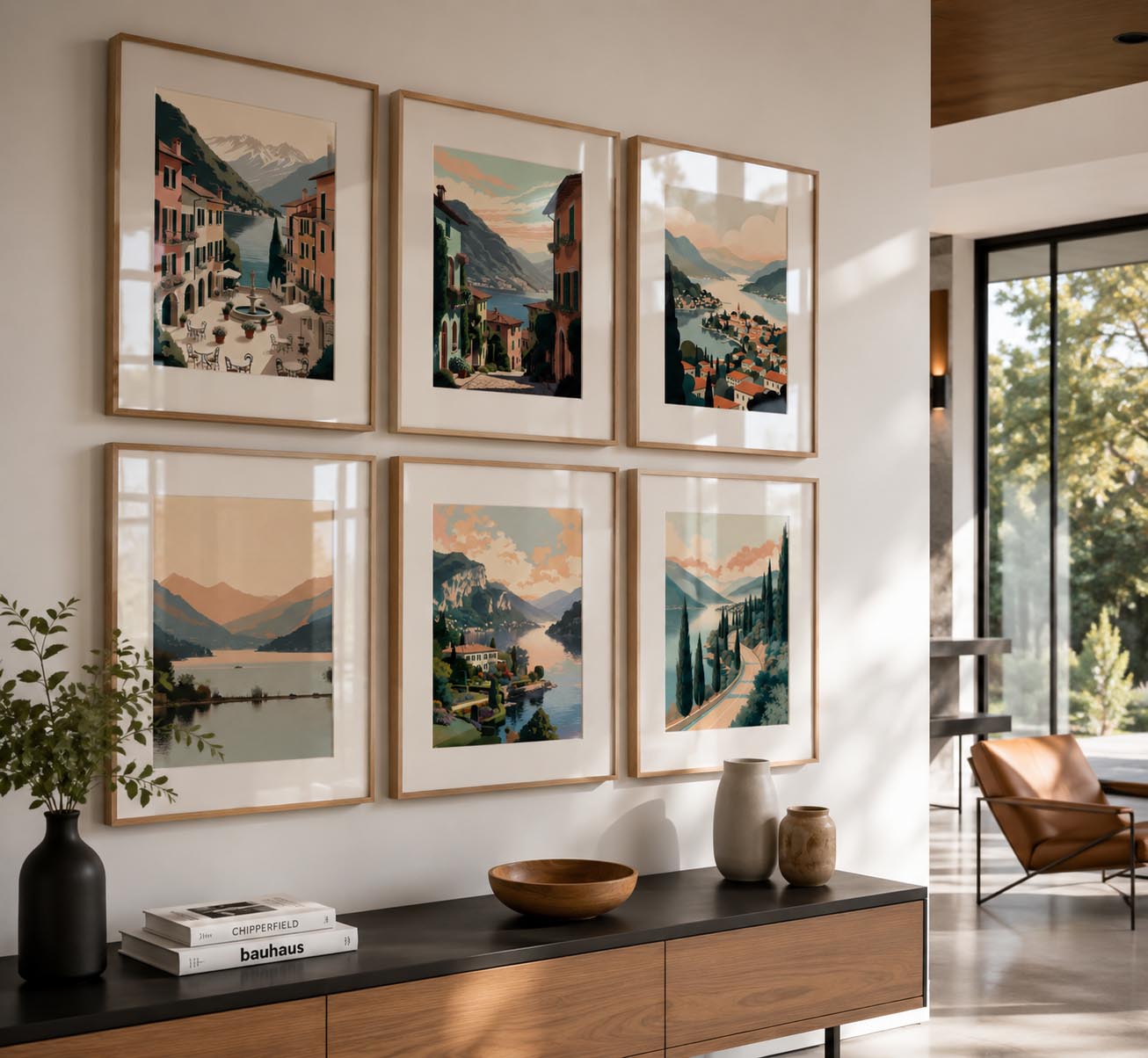Italian Mediterranean Coastal printable wall art gallery featuring six framed artwork prints in a modern Bauhaus-inspired American home with minimalist interior design, luxury wall decor, contemporary canvas art, Scandinavian furniture and architectural natural lighting.