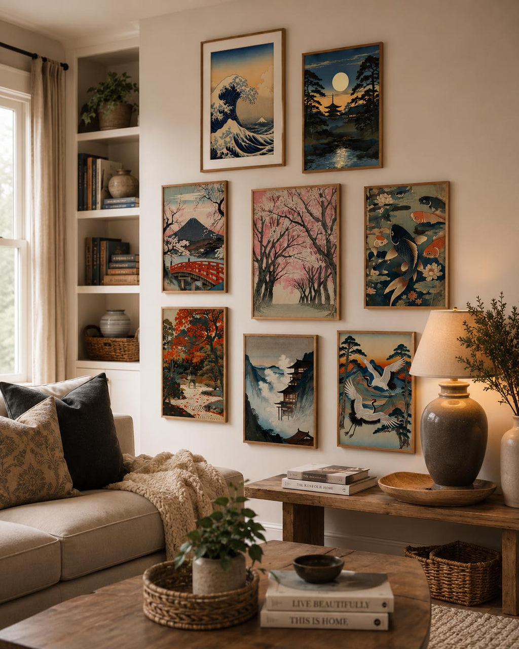 Vintage Traditional Japanese Vertical Set of 9 iArt Tech Studio arranged as a beautiful asymmetrical gallery wall in a cozy American living room with warm neutral colors, rustic wood furniture and elegant home accessories. Traditional Japanese printable wall art in natural wood frames creates an eye-catching Japandi gallery display above a console beside a comfortable sofa, offering stylish inspiration for Japanese home décor, gallery walls and modern interior design.