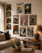 Vintage Traditional Japanese Vertical Set of 9 iArt Tech Studio arranged as a beautiful asymmetrical gallery wall in a cozy American living room with warm neutral colors, rustic wood furniture and elegant home accessories. Traditional Japanese printable wall art in natural wood frames creates an eye-catching Japandi gallery display above a console beside a comfortable sofa, offering stylish inspiration for Japanese home décor, gallery walls and modern interior design.
