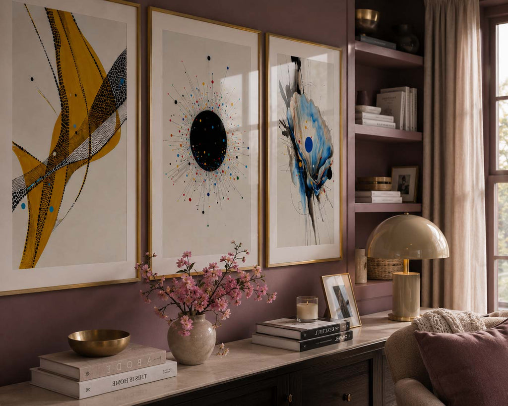 A close-up view of a sophisticated feminine home office featuring the Contemporary Watercolor Abstract Set of 3 by iArt Tech Studio displayed in elegant brushed gold gallery frames with oversized white mat boards. Captured from a left-side perspective, the expressive blue, black and mustard yellow watercolor artwork creates a striking contrast against soft blush pink walls, luxurious velvet seating, curated designer books, fresh floral arrangements and sculptural décor. Warm natural daylight gently reflects
