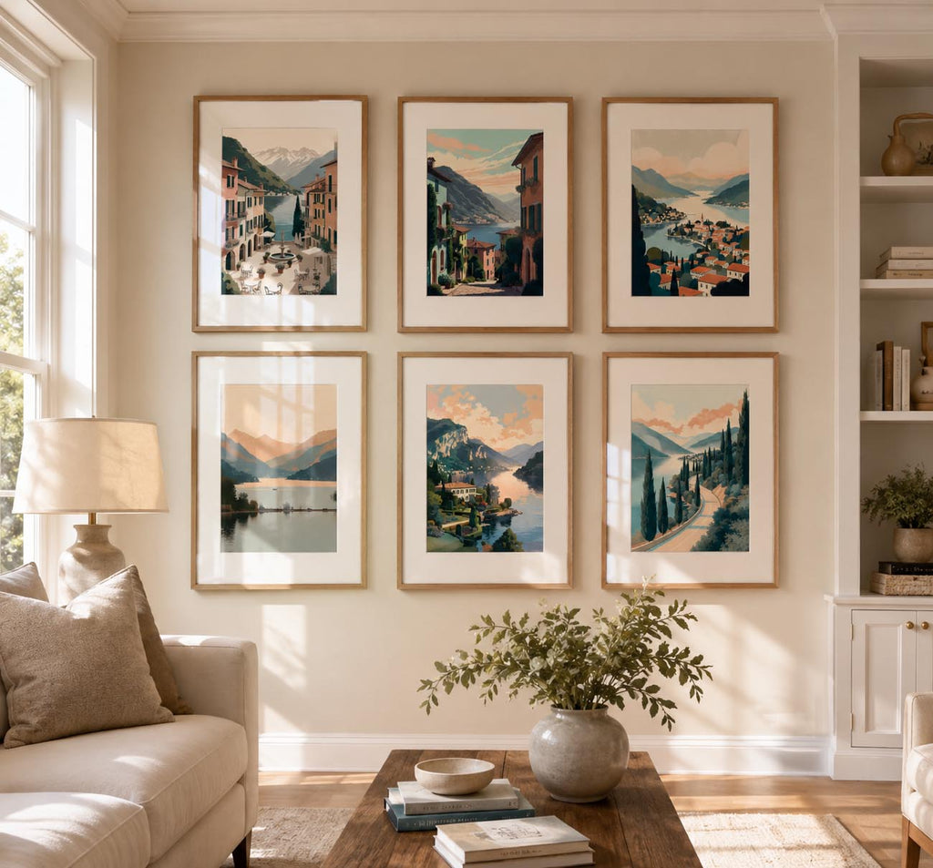 Italian Mediterranean Coastal Set Wall Art Printable displayed as six framed canvas prints with white mat and natural oak frames in a bright contemporary American living room featuring elegant furniture, luxury home decor, gallery wall artwork, printable poster prints and warm natural sunlight.