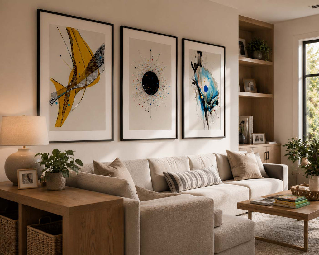 An inviting modern American family living room viewed from a close left-side perspective featuring the Contemporary Watercolor Abstract Set of 3 by iArt Tech Studio displayed above a comfortable neutral sectional sofa. The oversized abstract watercolor prints, framed in elegant black wood with museum-style white mat boards, become the focal point of the space while expansive windows flood the room with natural daylight, creating beautiful reflections across the artwork. Designer table lamps, warm wood furni