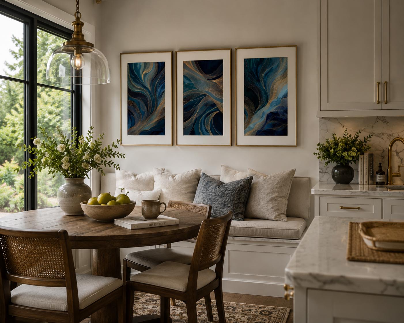 Blue Gold Modern Abstract Triptych Printable Wall Art Set of 3 hanging above a built-in breakfast bench in a bright farmhouse kitchen. Three blue and gold abstract printable gallery wall prints in refined wood frames with white matting complement marble countertops, brass hardware, round wooden dining table, black framed windows, and fresh floral arrangements. Instant download wall art for modern kitchens.