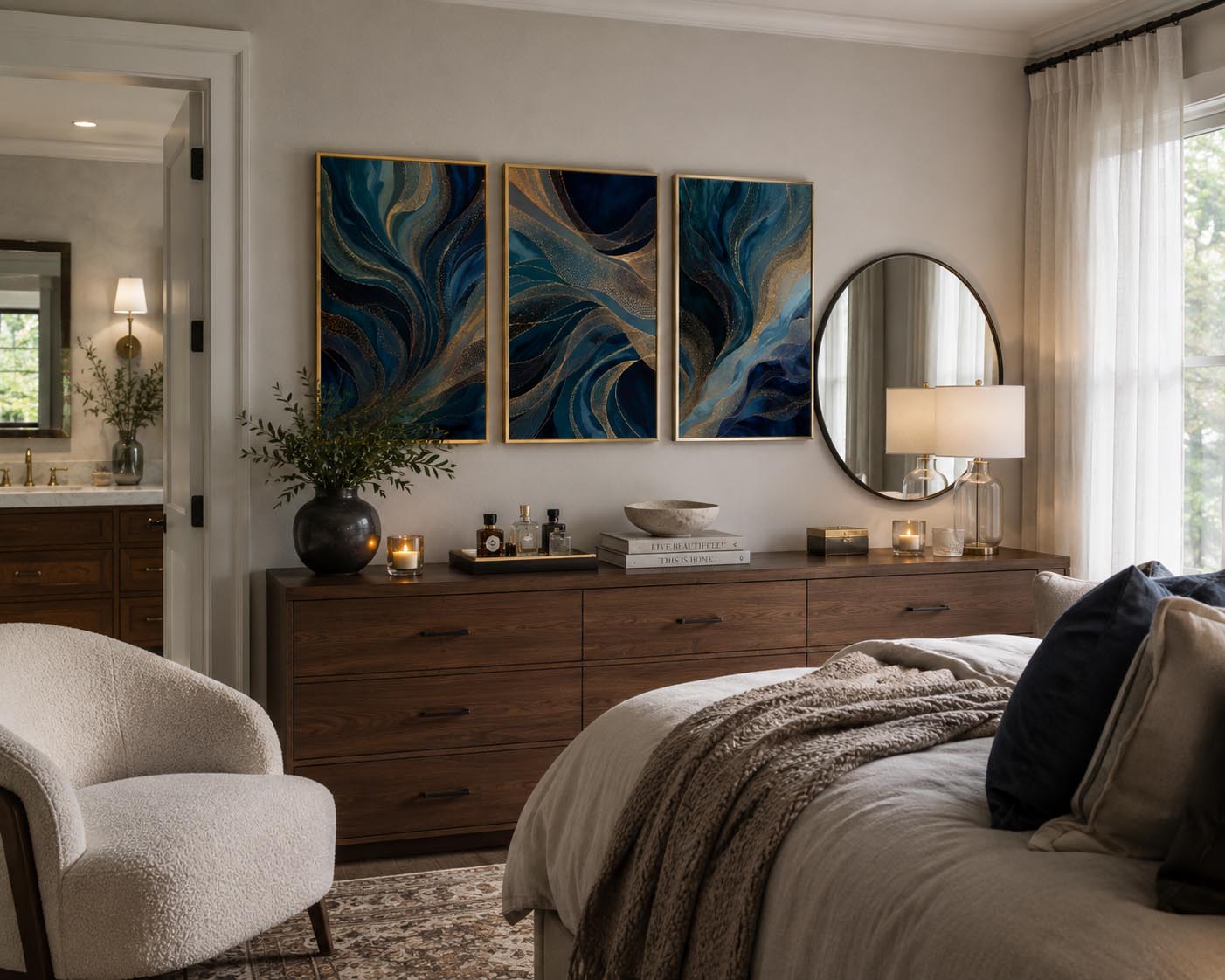 Blue Gold Modern Abstract Triptych Printable Wall Art Set of 3 displayed above a modern walnut dresser in a luxury master bedroom. Three blue and gold abstract gallery wall prints in elegant wood frames enhance soft linen bedding, boucle chair, warm lighting, neutral décor, and premium hotel-inspired styling. Instant download printable wall art for sophisticated bedroom décor.