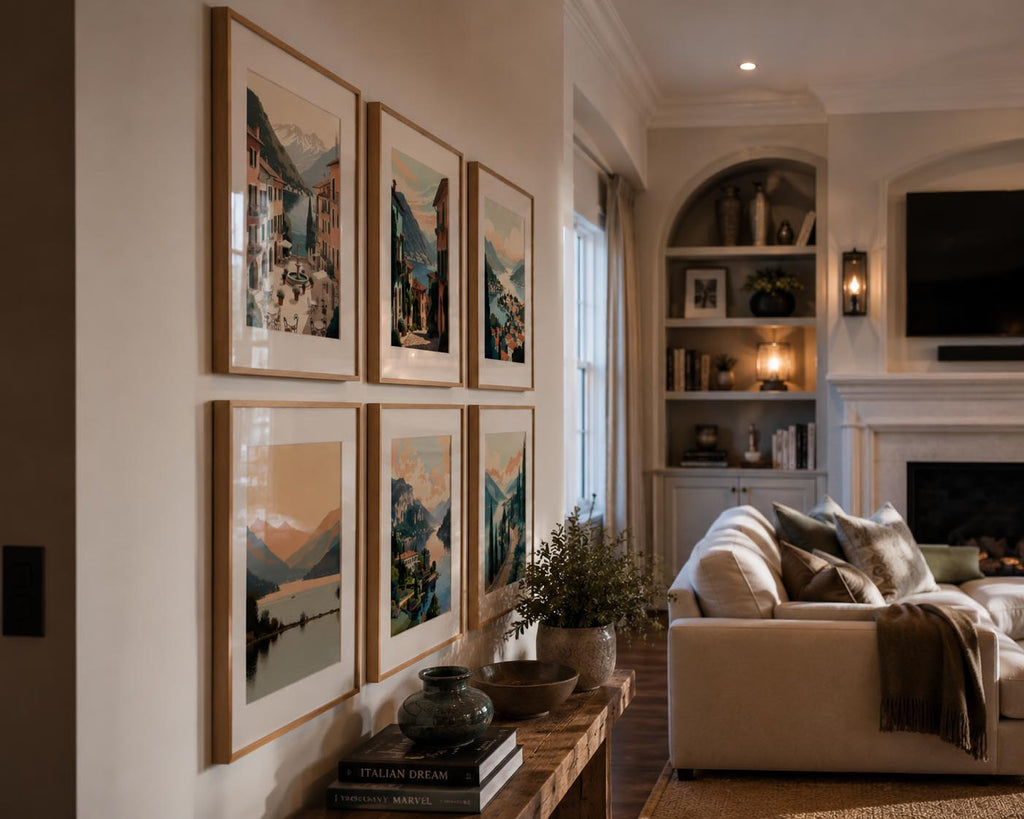 Italian Mediterranean Coastal printable wall art collection displayed as six framed fine art prints inside an elegant Italian-inspired American home with luxury interior styling, premium oak frames, sophisticated decor, cozy living room and timeless gallery wall design.