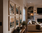 Italian Mediterranean Coastal printable wall art collection displayed as six framed fine art prints inside an elegant Italian-inspired American home with luxury interior styling, premium oak frames, sophisticated decor, cozy living room and timeless gallery wall design.