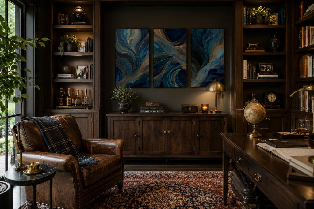 Blue Gold Modern Abstract Triptych Printable Wall Art Set of 3 showcased in a luxurious home library above a dark walnut sideboard. Blue and gold abstract three-panel gallery wall prints framed in natural wood with subtle white matting complement leather armchair, built-in bookshelves, Persian rug, brass lamp, whiskey cart, and warm ambient lighting. Printable wall art bundle for elegant interiors.