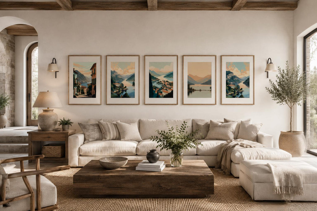 Italian Mediterranean Coastal wall art printable collection arranged as five framed canvas artwork prints in a luxury modern farmhouse living room in Austin Texas featuring Greek-inspired minimalism, rustic elegance, natural wood textures and premium home decor.