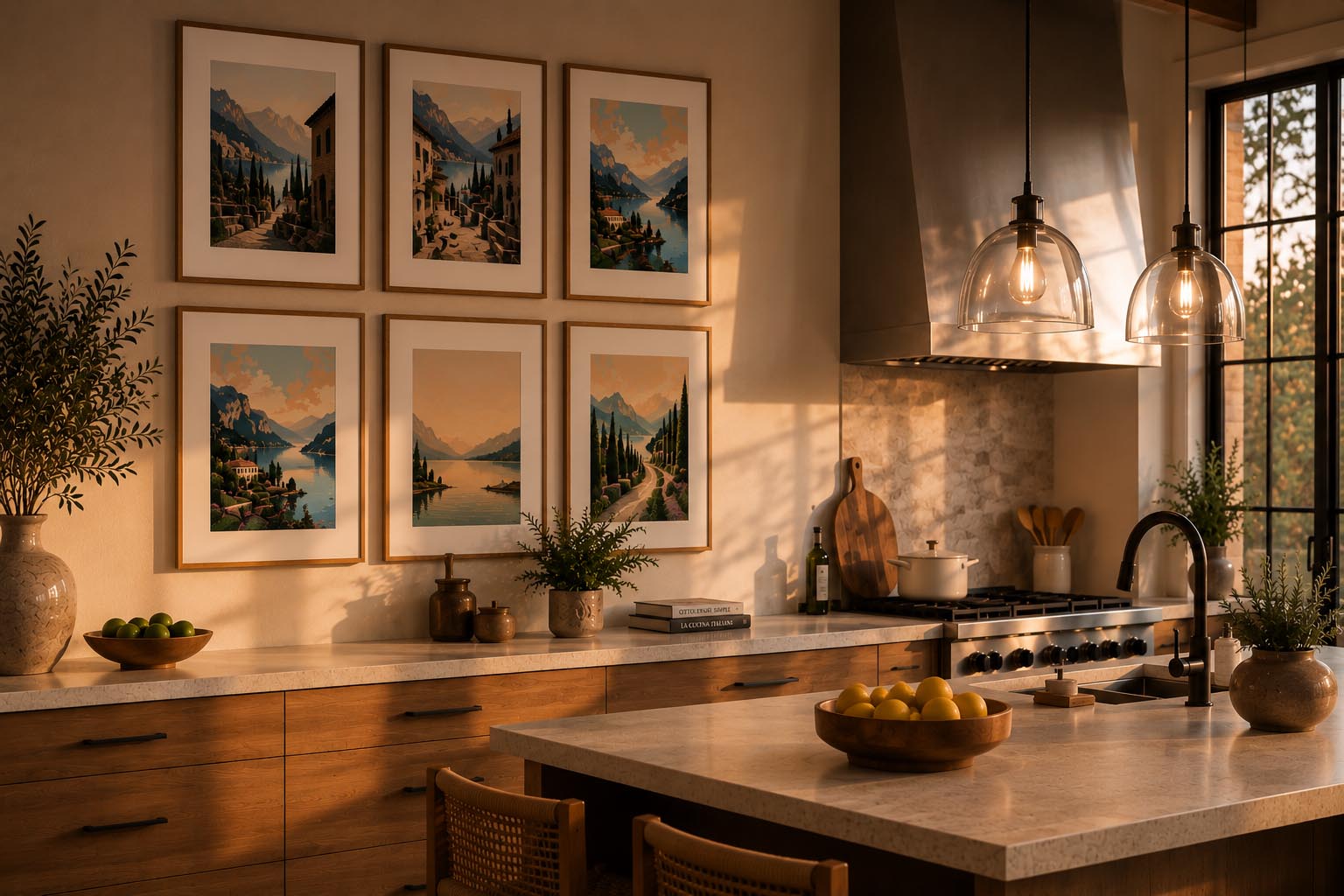 Italian Mediterranean Coastal Set Wall Art Printable arranged as six framed canvas artwork prints in a balanced gallery wall above a modern American kitchen with luxury interior design, warm sunset lighting, elegant wood cabinetry, decorative accessories and premium home decor.