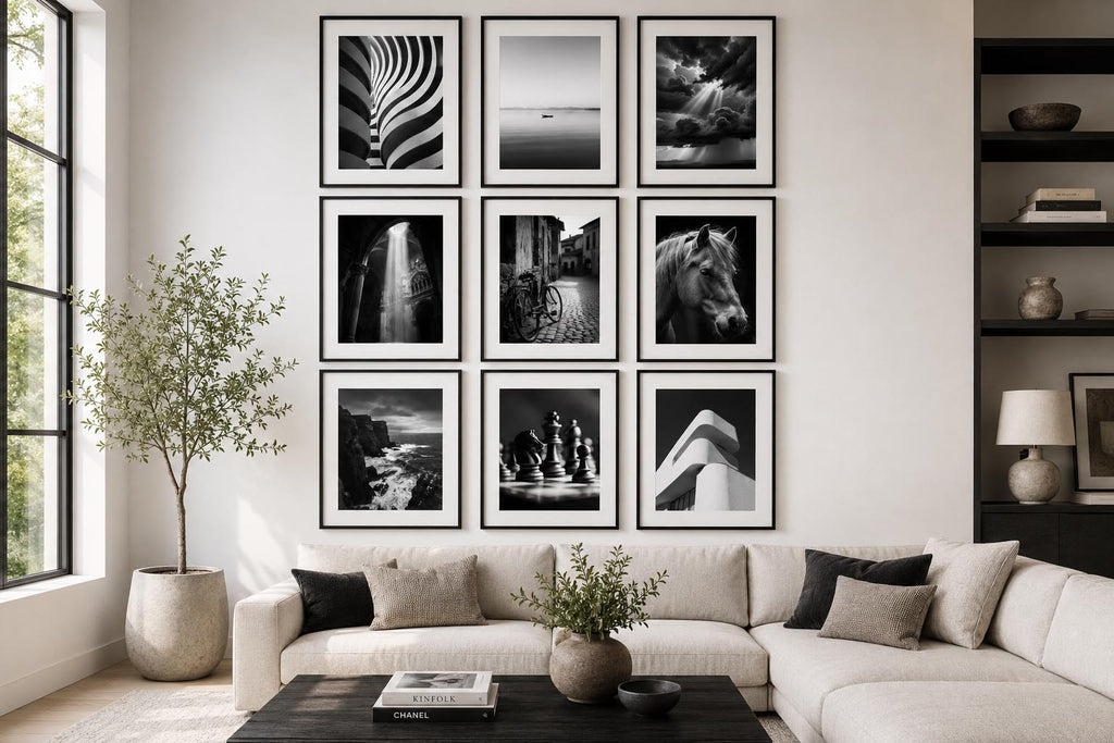 Timeless Fine Art Black and White Photography Printable Wall Art Set of 9 displayed in a bright contemporary American living room with modern black frames, white mats, and elegant monochrome gallery wall decor for instant download.