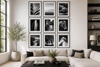 Timeless Fine Art Black and White Photography Printable Wall Art Set of 9 displayed in a bright contemporary American living room with modern black frames, white mats, and elegant monochrome gallery wall decor for instant download.