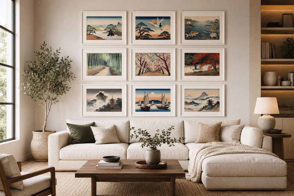 Vintage Antique Japanese Horizontal Cultural Illustration Printable Wall Art Set of 9 | Classic Japanese Inspired Horizontal Gallery Wall Prints Bundle for Elegant Living Room and Bedroom Instant Download