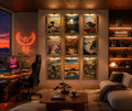 Nine framed Japanese printable wall art prints displayed in a luxurious Japandi-inspired gaming room with warm ambient lighting, modern wood furniture, bonsai accents, and panoramic city views, creating a sophisticated gallery wall for contemporary home decor.
