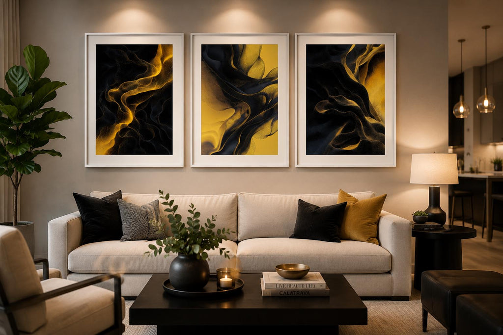Bright Sunny Yellow and Black Modern Abstract Triptych Printable Wall Art Set of 3 | Vibrant 3 Piece Black and Yellow Gallery Wall Triptych Prints Bundle for Bold Living Room Accent Walls Instant Download