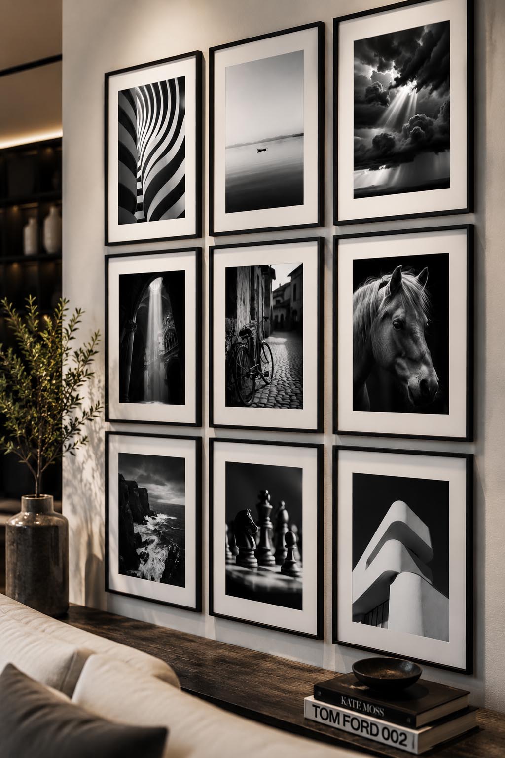 Close-up of a sophisticated black and white gallery wall featuring the Timeless Fine Art Photography Printable Wall Art Set of 9 in modern black frames with white matting inside a luxury American home.