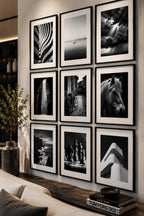 Close-up of a sophisticated black and white gallery wall featuring the Timeless Fine Art Photography Printable Wall Art Set of 9 in modern black frames with white matting inside a luxury American home.