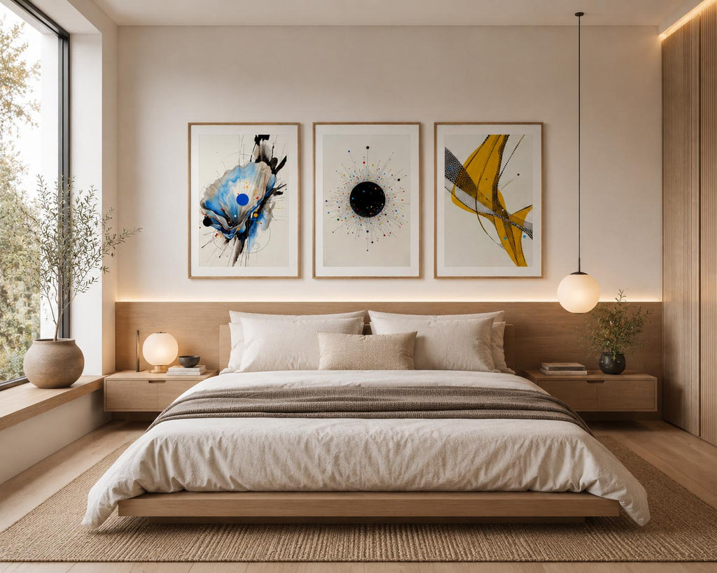 Contemporary Watercolor Abstract Set of 3 by iArt Tech Studio featured in a luxurious contemporary bedroom inside a modern American home. The abstract watercolor triptych is framed in premium oak wood with oversized white matting and centered above the upholstered headboard. Warm natural daylight fills the room, highlighting elegant bedding, wood nightstands, sculptural lighting, and minimalist décor.