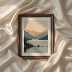 Calm alpine lake reflecting layers of soft mountains during sunrise with minimalist natural scenery and warm neutral colors inspired by northern Italy. Printable landscape wall art, Italian Mediterranean canvas artwork, digital poster, fine art print and modern home decor.