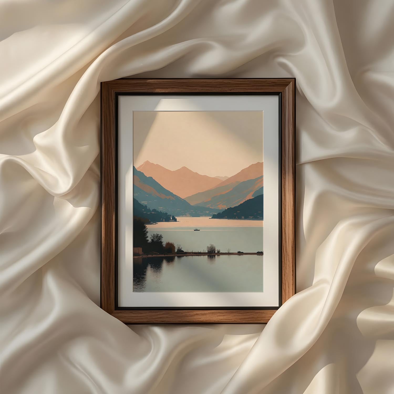 Calm alpine lake reflecting layers of soft mountains during sunrise with minimalist natural scenery and warm neutral colors inspired by northern Italy. Printable landscape wall art, Italian Mediterranean canvas artwork, digital poster, fine art print and modern home decor.