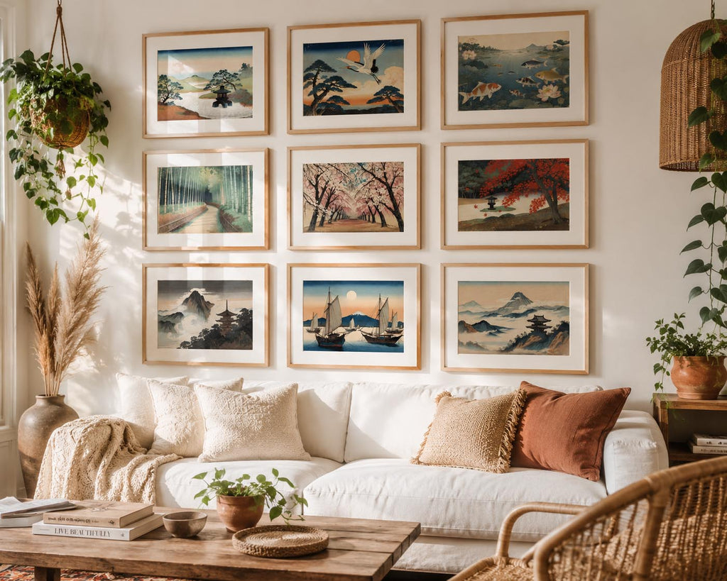Vintage Antique Japanese Horizontal Cultural Illustration Printable Wall Art Set of 9 | Classic Japanese Inspired Horizontal Gallery Wall Prints Bundle for Elegant Living Room and Bedroom Instant Download