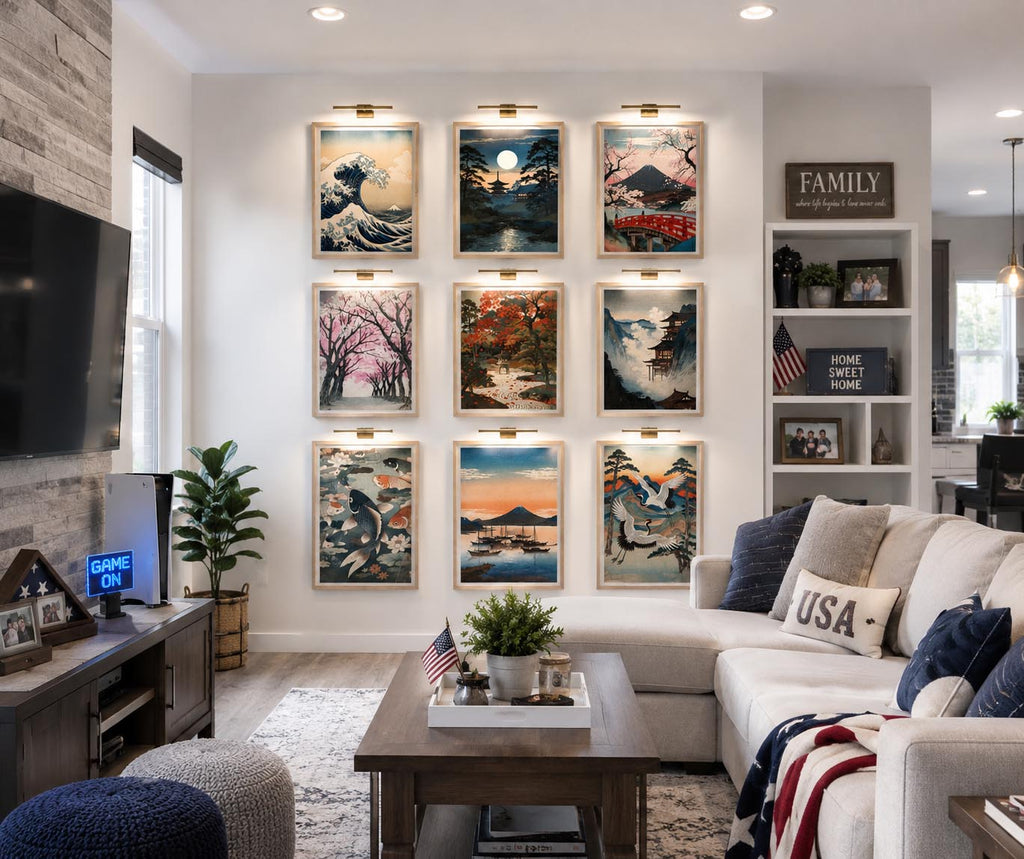 Gallery wall featuring nine Japanese printable wall art prints in light wood frames inside a bright modern American family living room with white walls, cozy sectional sofa, natural daylight, and contemporary home decor.