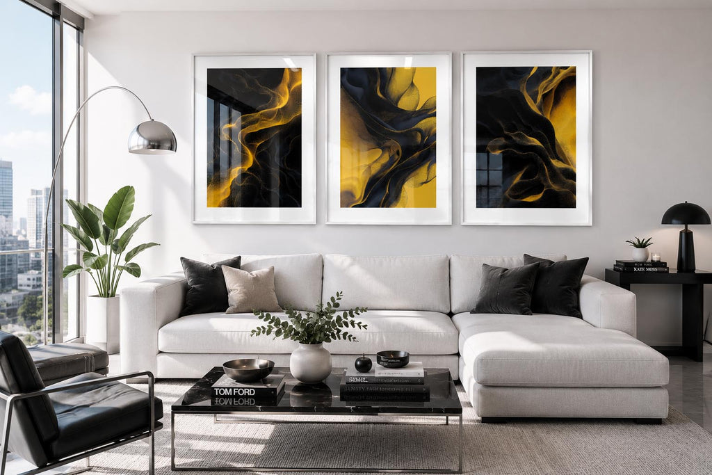 Bright Sunny Yellow and Black Modern Abstract Triptych Printable Wall Art Set of 3 | Vibrant 3 Piece Black and Yellow Gallery Wall Triptych Prints Bundle for Bold Living Room Accent Walls Instant Download