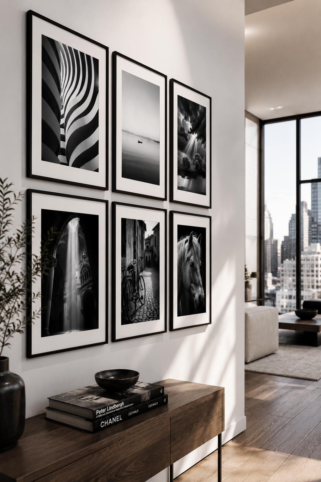 Modern monochrome wall art display with six printable black and white photography prints from the Timeless Fine Art collection styled in a contemporary American apartment hallway with elegant interior design.