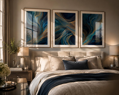 Blue Gold Modern Abstract Triptych Printable Wall Art Set of 3 above a sophisticated upholstered bed in a luxury modern bedroom with natural wood frames and crisp white mat board. Soft golden sunlight creates beautiful reflections across the artwork while layered neutral bedding, designer nightstands, ceramic lamps, linen curtains and elegant décor complete this Blue and Gold Abstract 3 Panel Gallery Wall Prints Bundle Instant Download bedroom inspiration.