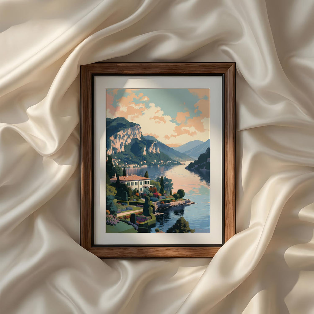 Elegant Italian villa surrounded by manicured gardens overlooking a sparkling lake beneath dramatic mountain cliffs and glowing sunset clouds. Mediterranean coastal printable wall art, luxury landscape canvas, digital artwork, framed poster and sophisticated wall decor.