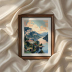 Elegant Italian villa surrounded by manicured gardens overlooking a sparkling lake beneath dramatic mountain cliffs and glowing sunset clouds. Mediterranean coastal printable wall art, luxury landscape canvas, digital artwork, framed poster and sophisticated wall decor.