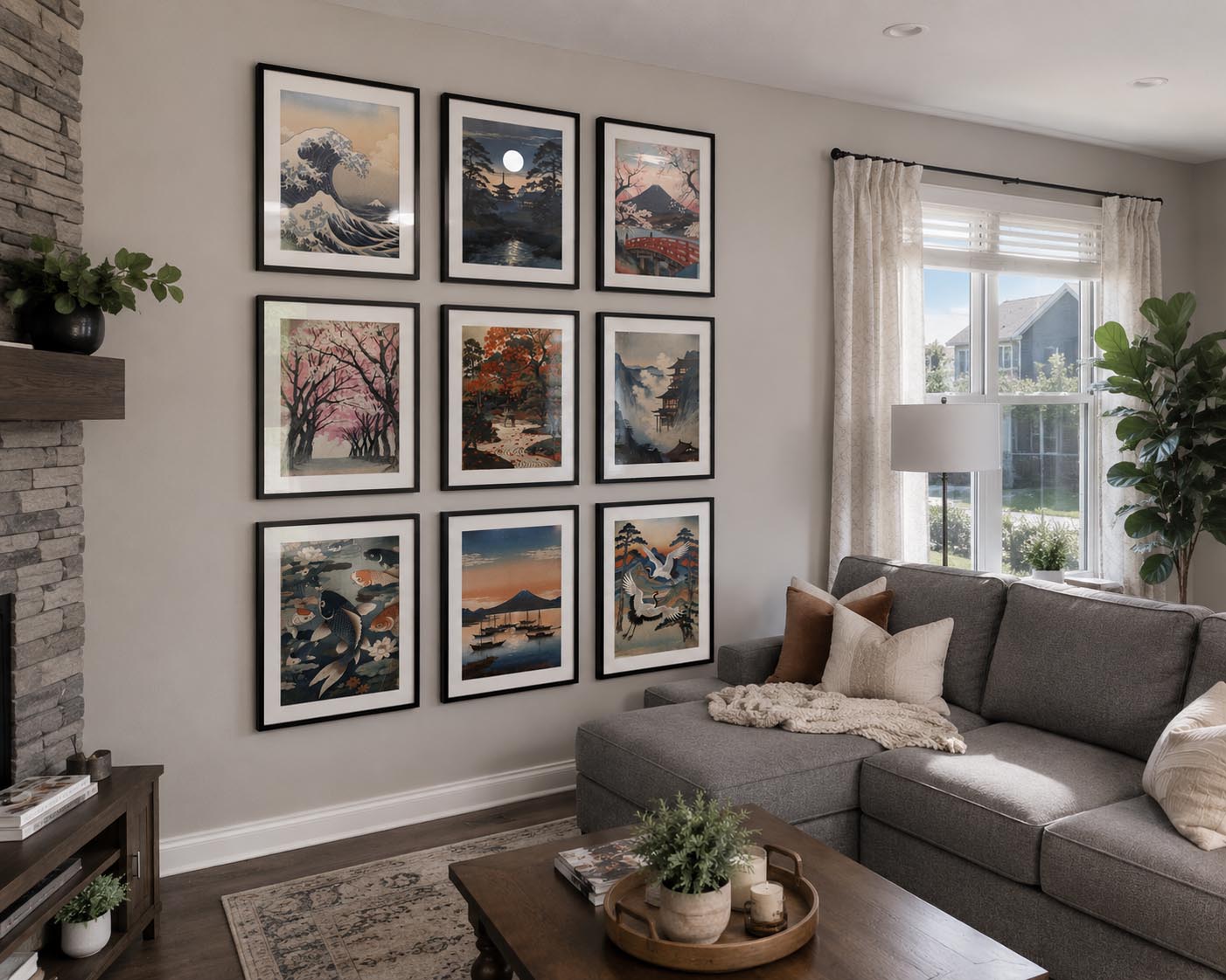 Japanese gallery wall with nine framed printable artworks in black metal frames with white mat and reflective glass, displayed from a diagonal perspective inside a contemporary American family home filled with natural light and elegant neutral decor.