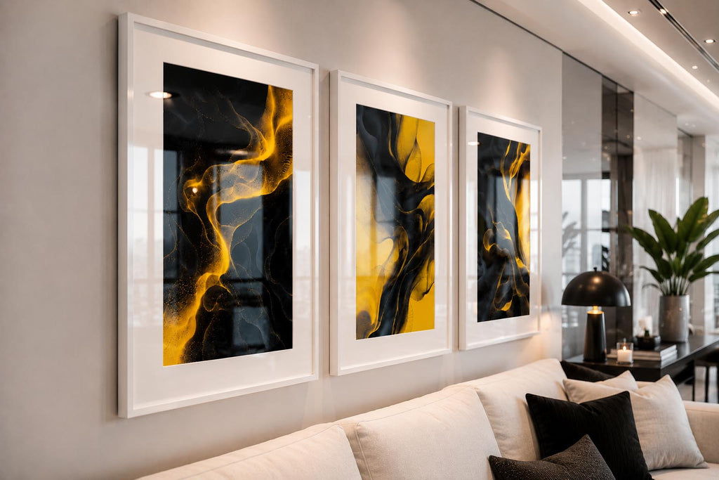 Bright Sunny Yellow and Black Modern Abstract Triptych Printable Wall Art Set of 3 | Vibrant 3 Piece Black and Yellow Gallery Wall Triptych Prints Bundle for Bold Living Room Accent Walls Instant Download