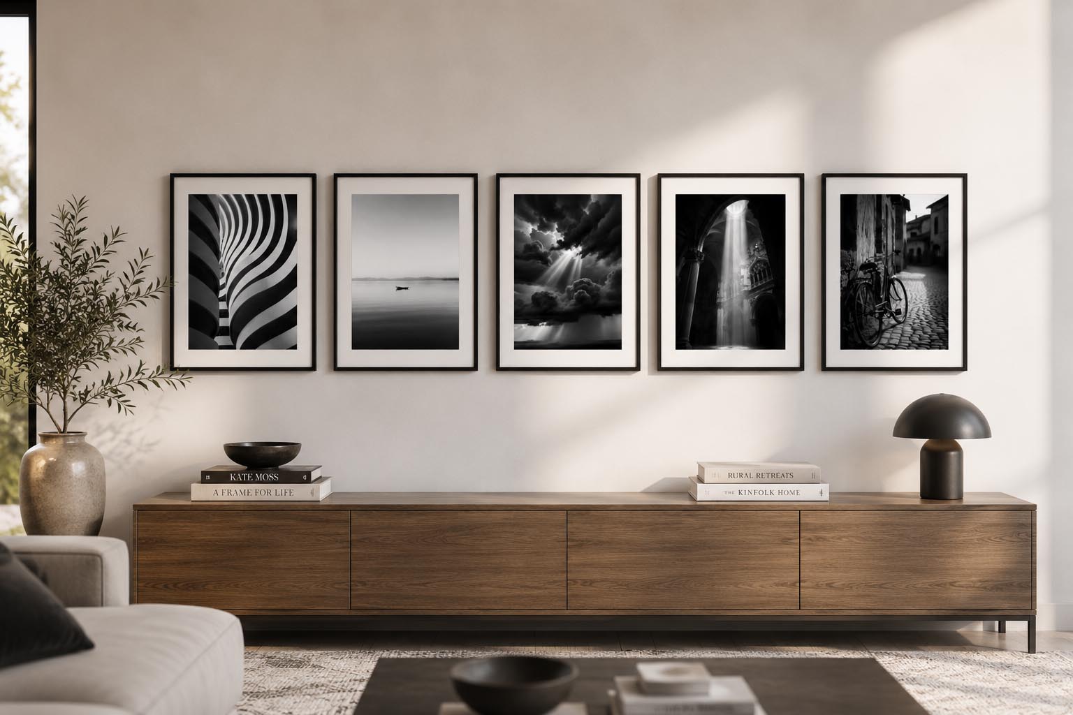 Five black and white printable photography prints from the Timeless Fine Art Wall Art Bundle displayed above a modern wooden media console in a stylish contemporary living room with minimalist decor.