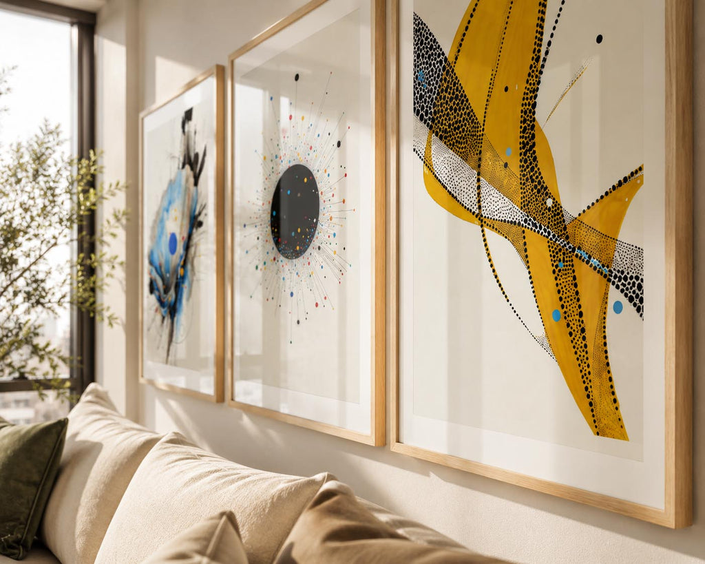 Close-up view of oversized abstract watercolor printable wall art displayed above a luxury upholstered bed in a contemporary minimalist bedroom. Rich blue watercolor textures, bold black accents and vibrant golden yellow details create an eye-catching statement wall, beautifully presented in premium oak wood frames with generous white mat boards and illuminated by crisp natural daylight reflecting softly across the glass.