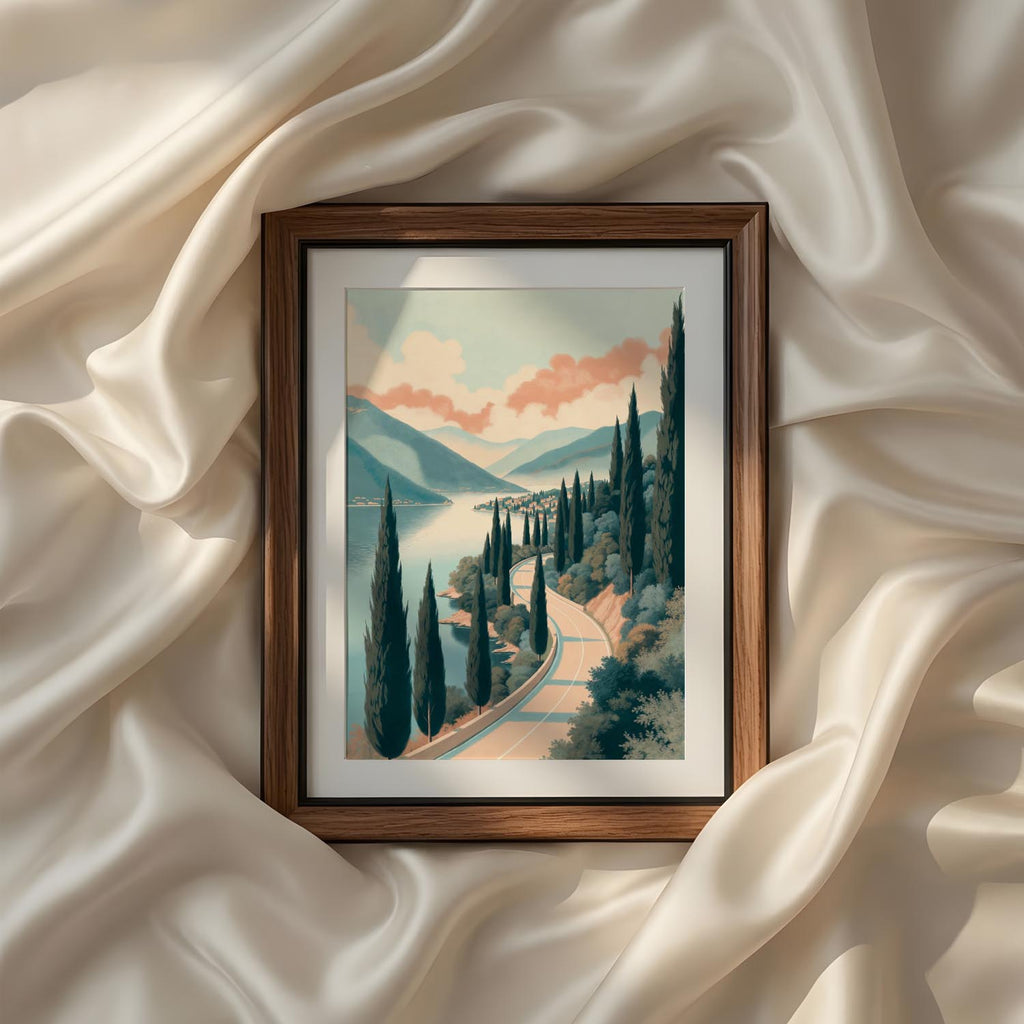 Scenic lakeside road lined with tall cypress trees following the shoreline toward distant mountains beneath soft pastel skies inspired by the Italian Riviera. Mediterranean printable wall art, Italian landscape poster, canvas artwork, digital print and contemporary home decoration.