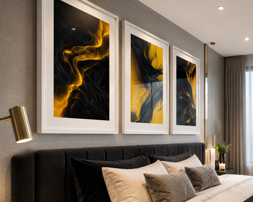 Bright Sunny Yellow and Black Modern Abstract Triptych Printable Wall Art Set of 3 | Vibrant 3 Piece Black and Yellow Gallery Wall Triptych Prints Bundle for Bold Living Room Accent Walls Instant Download
