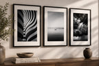 Close-up of three elegant black and white printable photography prints from the Timeless Fine Art Set of 9 styled with premium frames above a modern wood console in a sophisticated American home.