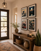 Four framed Japanese printable wall art prints displayed above a rustic wood console in a modern Arizona home entryway, perfectly coordinated with desert-inspired decor, neutral interiors, indoor plants, and warm natural light.