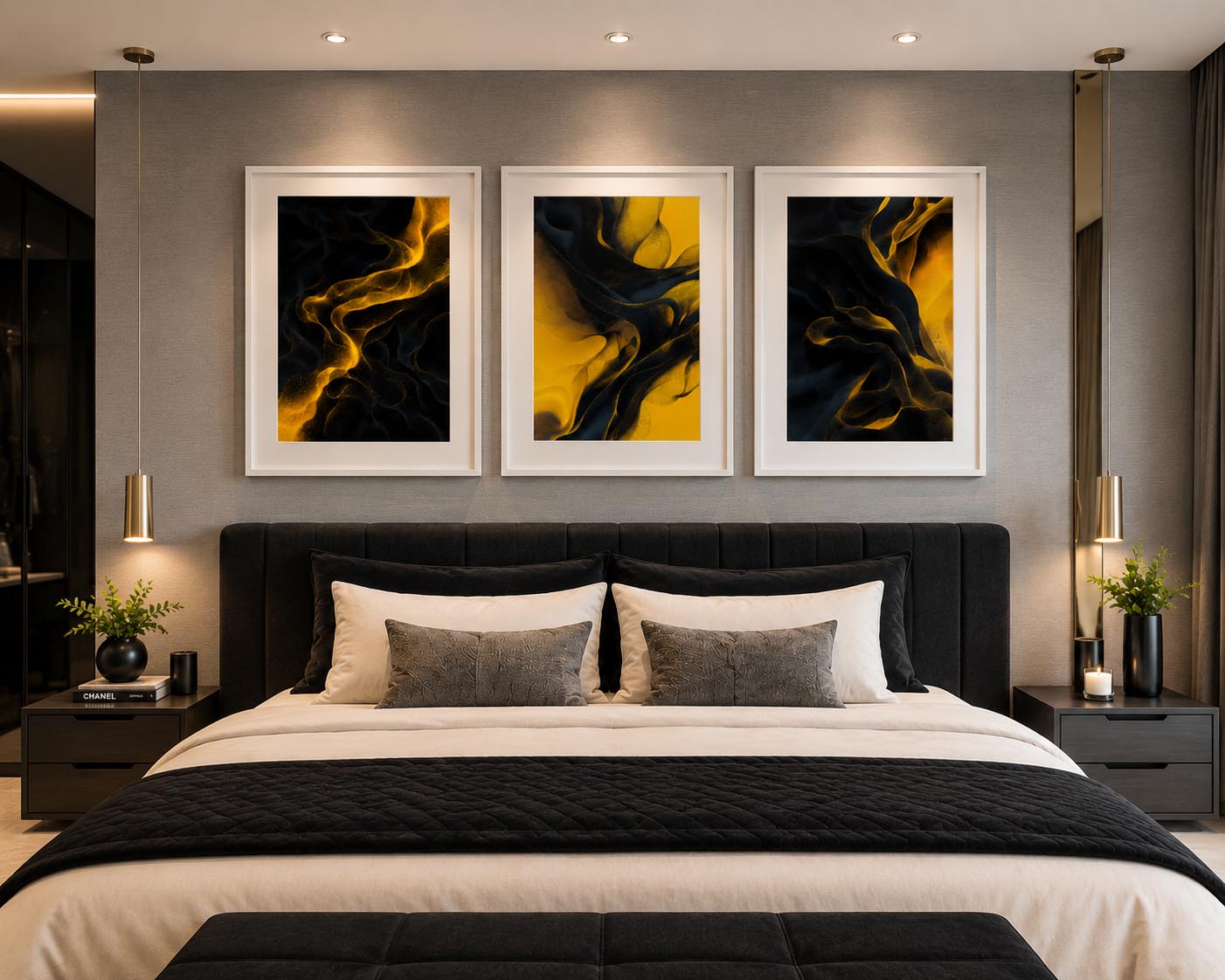 Bright Sunny Yellow and Black Modern Abstract Triptych Printable Wall Art Set of 3 | Vibrant 3 Piece Black and Yellow Gallery Wall Triptych Prints Bundle for Bold Living Room Accent Walls Instant Download