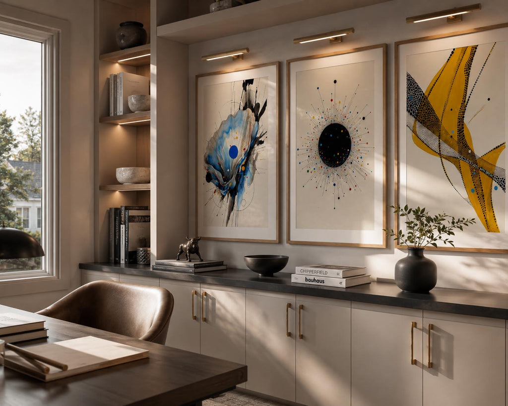 Bright minimalist workspace featuring oversized contemporary watercolor wall art with flowing blue pigments, dramatic black ink details and colorful abstract splashes. The museum-quality prints by iArt Tech Studio are displayed in elegant oak wood frames with generous white mat boards above a charcoal sideboard, surrounded by sculptural décor, custom shelving and beautiful daylight reflections that emphasize the clean Scandinavian-inspired interior.