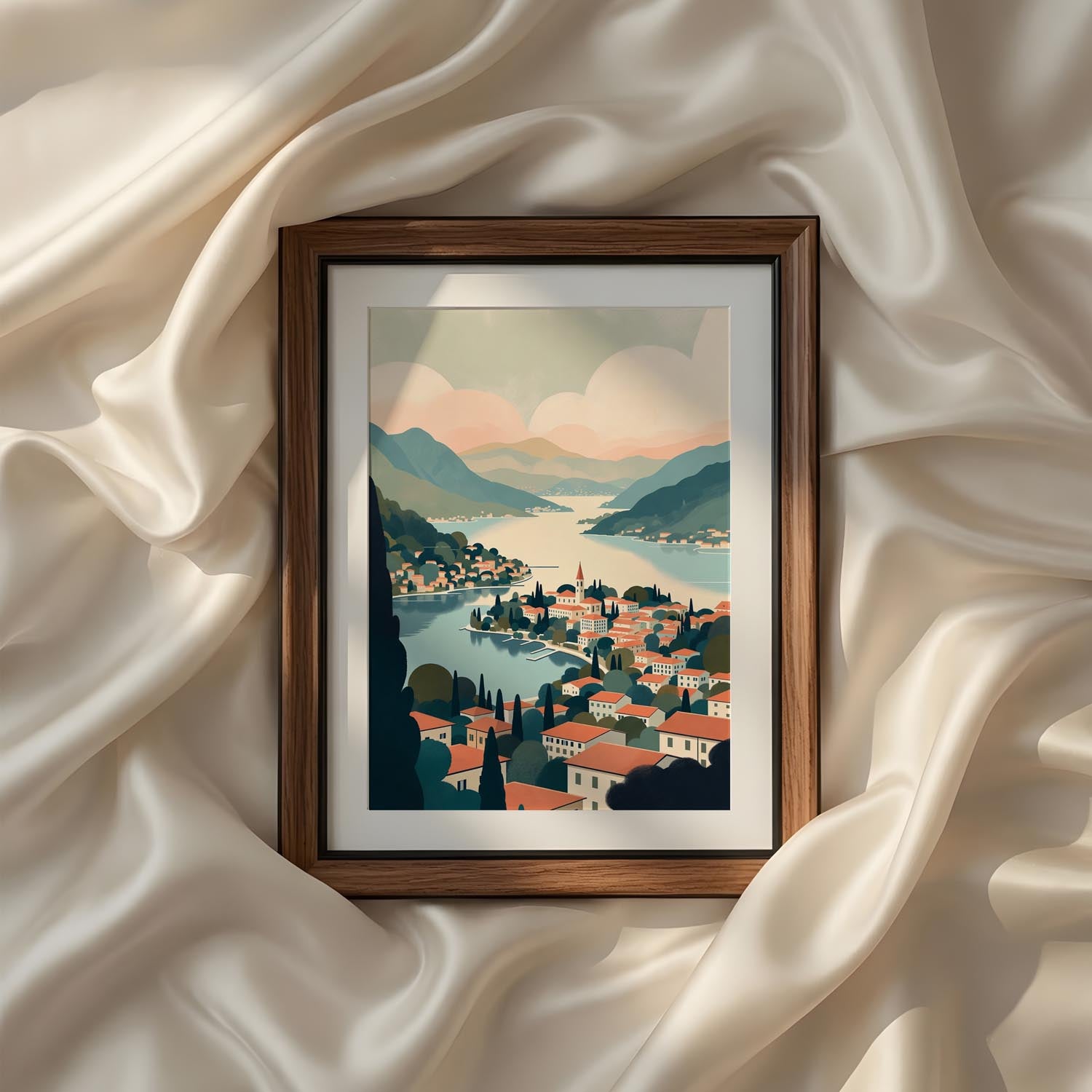 Panoramic view of an Italian lakeside town with terracotta rooftops, tranquil blue water, rolling mountains and soft pastel clouds creating timeless Mediterranean scenery. Coastal printable wall art, vintage landscape artwork, canvas print, poster and elegant gallery wall decor.