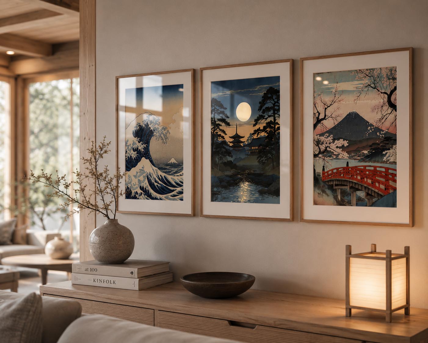 Elegant close-up styling of Vintage Traditional Japanese Vertical Set of 9 iArt Tech Studio featuring three framed vintage Japanese prints displayed above a light wood console table in a luxurious Japandi-inspired American home. Natural oak frames, realistic window reflections, soft golden lighting, handcrafted ceramic décor and minimalist furnishings create premium Japanese wall art inspiration for modern living room, hallway and entryway décor.