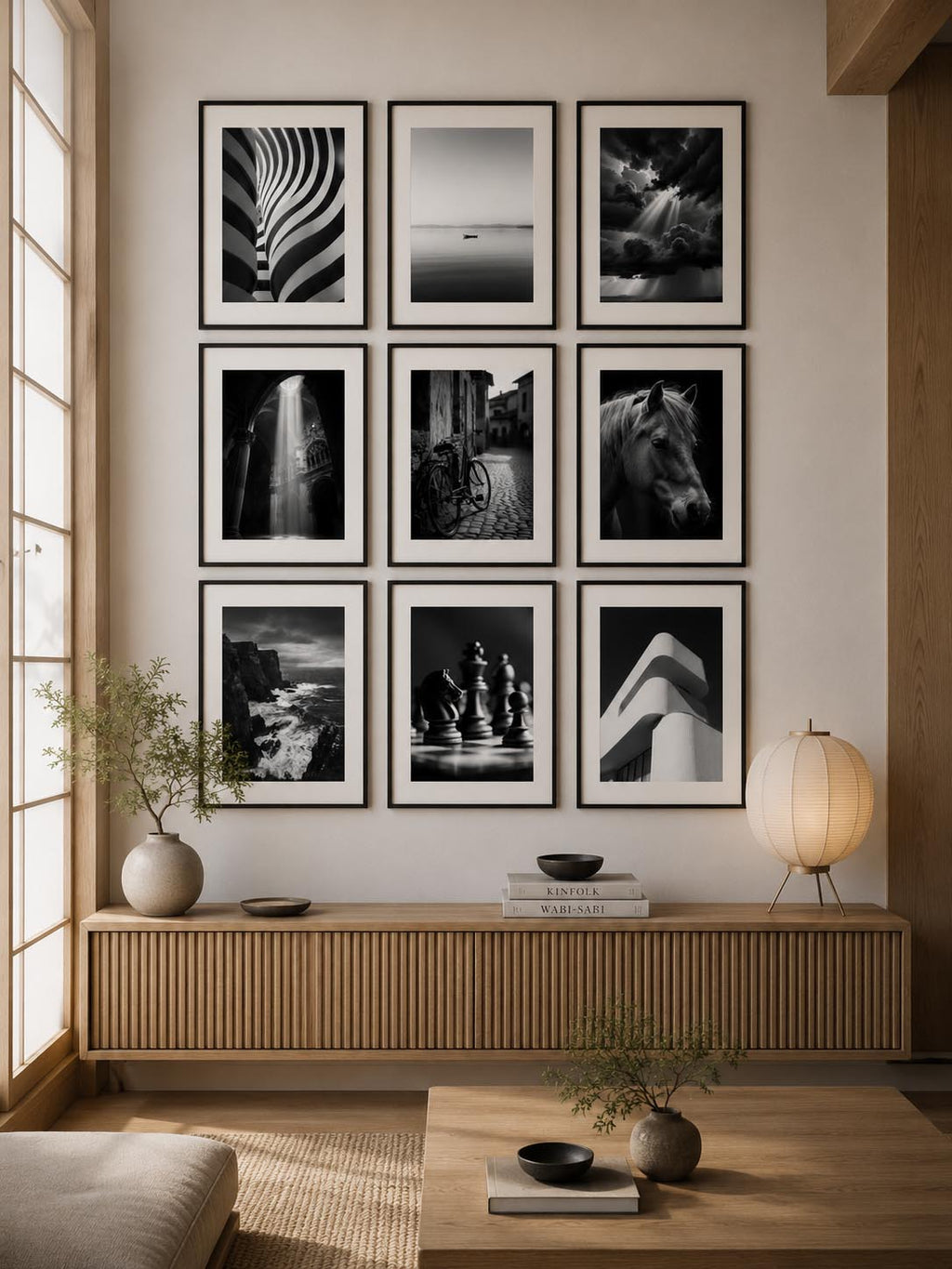 Japandi-inspired living room featuring the Timeless Fine Art Black and White Photography Printable Wall Art Set of 9 arranged in a balanced gallery wall with warm wood accents and minimalist decor.