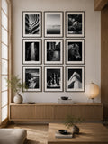 Japandi-inspired living room featuring the Timeless Fine Art Black and White Photography Printable Wall Art Set of 9 arranged in a balanced gallery wall with warm wood accents and minimalist decor.