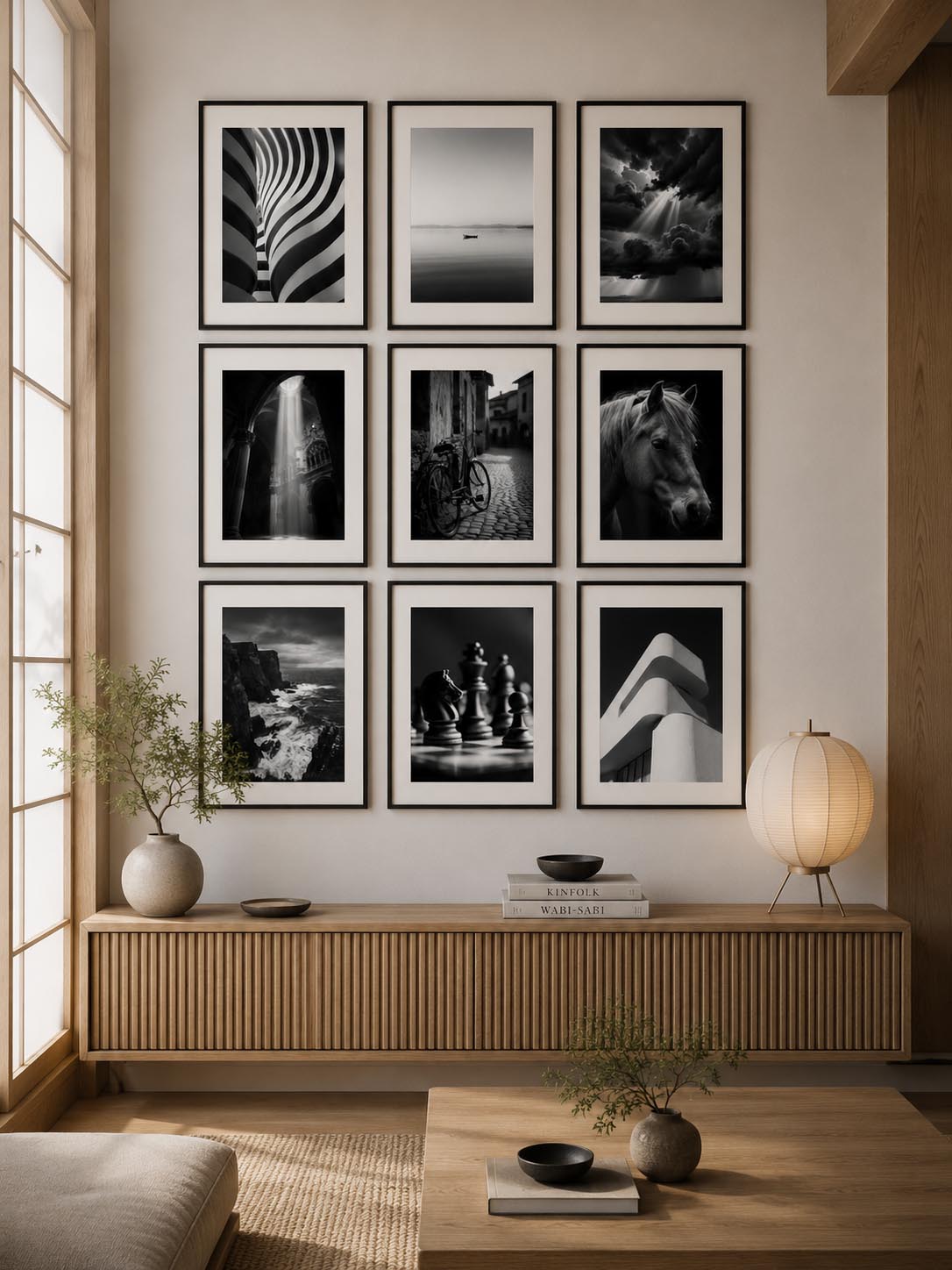 Japandi-inspired living room featuring the Timeless Fine Art Black and White Photography Printable Wall Art Set of 9 arranged in a balanced gallery wall with warm wood accents and minimalist decor.