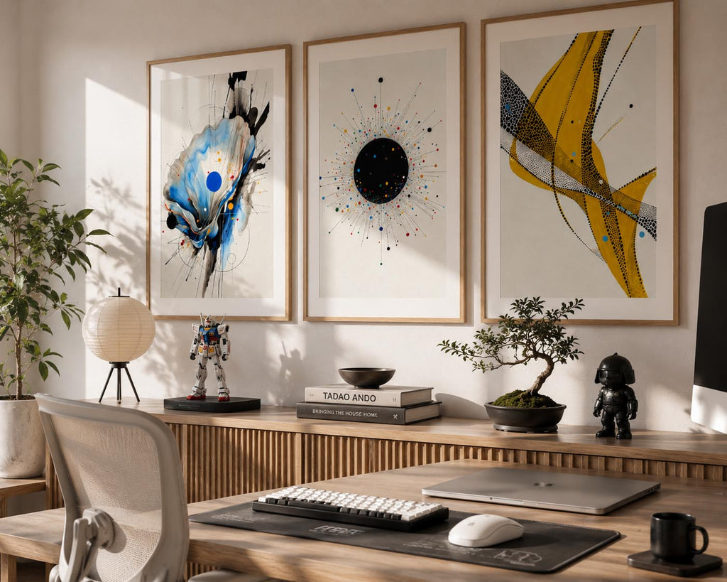 Minimalist Japandi workspace featuring a contemporary watercolor abstract triptych with vibrant blue, deep black and mustard yellow tones framed in light natural oak and oversized white mat boards. This elegant gallery wall by iArt Tech Studio blends beautifully with Scandinavian furniture, bonsai trees, designer tech accessories, subtle geek collectibles and bright natural light, creating a calm yet creative modern home office.