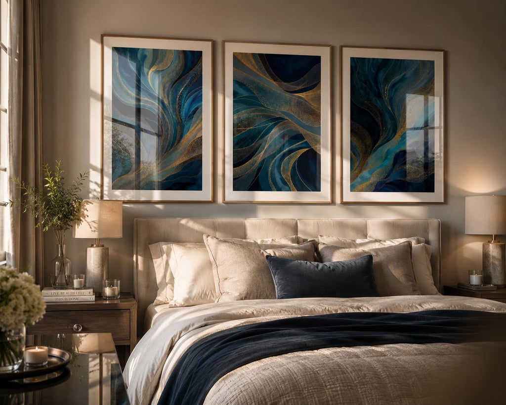 Blue Gold Modern Abstract Triptych Printable Wall Art Set of 3 displayed in a bright luxury master bedroom filled with soft morning sunlight streaming through large floor-to-ceiling windows. Three blue and gold abstract 3-panel gallery wall prints in elegant natural oak wood frames with refined white matting hang above a modern walnut dresser styled with ceramic décor, candles, books, and greenery. Neutral linen bedding, warm oak flooring, and premium contemporary interior design create a calm, sophisticate