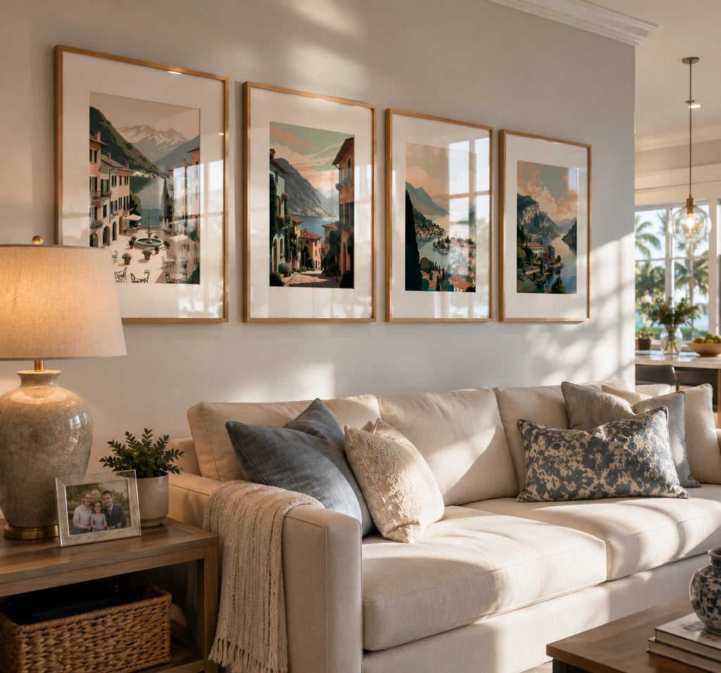 Italian Mediterranean Coastal printable poster collection displayed as four framed wall art prints above a comfortable sofa in a modern Florida family home featuring coastal-inspired interior design, elegant home decor, warm sunlight and luxury gallery wall styling.